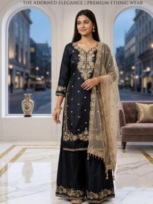 Adorned Elegance – Premium Navy Blue & Gold Palazzo Suit Set