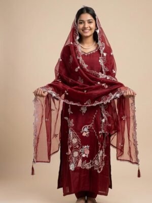 Maroon Chanderi Silk Kurta Set with Embroidered Organza Dupatta