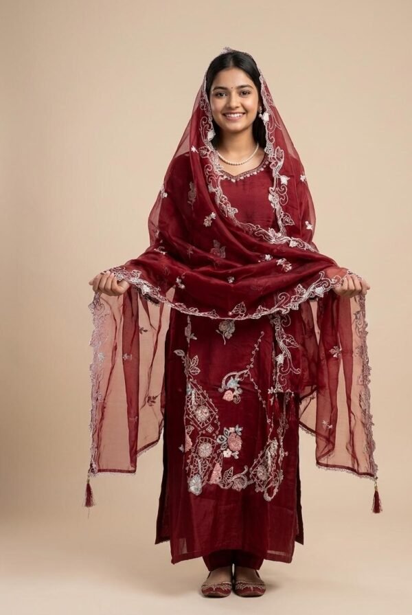 Maroon Chanderi Silk Kurta Set with Embroidered Organza Dupatta