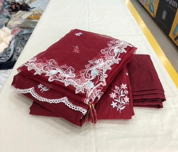 Maroon Chanderi Silk Kurta Set with Embroidered Organza Dupatta