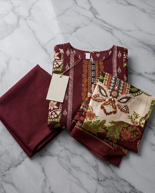 Maroon: Printed 3-Piece Unstitched Suit