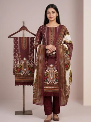 Maroon: Printed 3-Piece Unstitched Suit