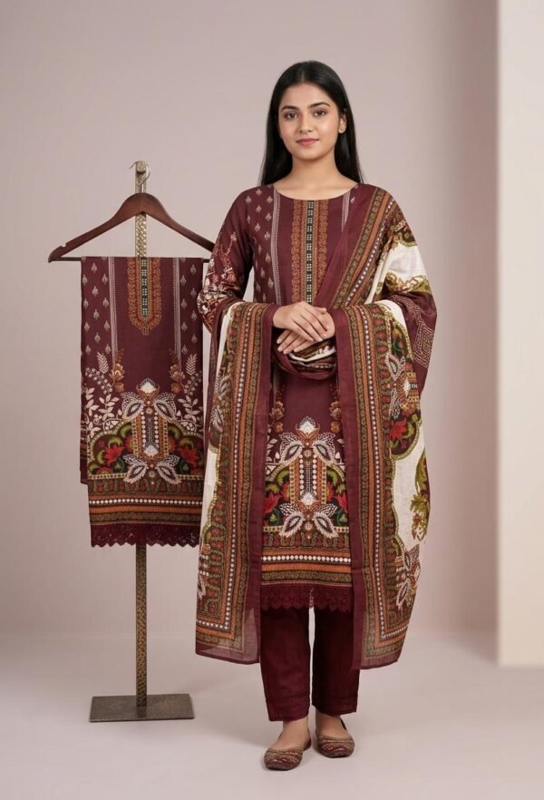 Maroon: Printed 3-Piece Unstitched Suit